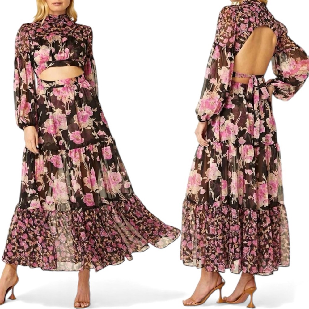 MISA Charlotta Black Pink Floral Print Long Sleeve Open Back Maxi Dress Size XL - Picture 12 of 12